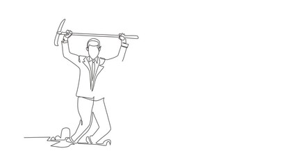 Poster - Animated self drawing of continuous line draw young businessman in hole prancing happily while lifting pickaxe with both hands and finding diamond or precious stone. Full length single line animation