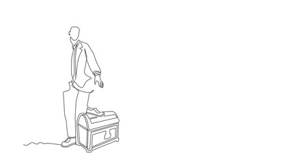 Poster - Animated self drawing of continuous line draw businessman digging ground with shovel and finding treasure chest. Success business, achievement, and discovery concept. Full length one line animation