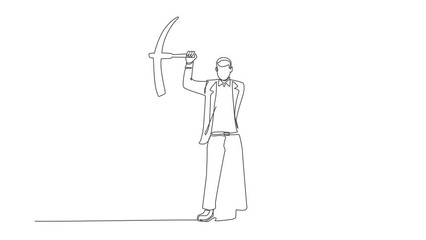 Poster - Animated self drawing of continuous line draw businessman standing and lifting big pickaxe. Business concept. Depicts hard work, success, achievement and discovery. Full length one line animation