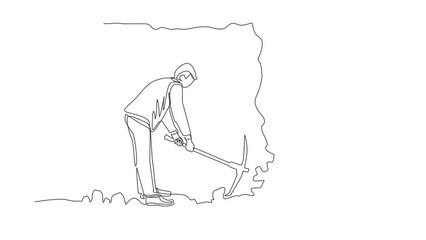 Poster - Self drawing animation of single line draw businessman digging with pickaxe looking for hidden treasures. Man digging mining for treasure chest in tunnel. Continuous line draw. Full length animated