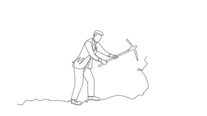 Poster - Animated self drawing of single continuous line draw businessman digging with pickaxe to get diamond. Worker digging and mining for diamond in an underground tunnel. Full length one line animation