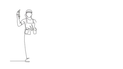 Poster - Self drawing animation of single one line draw worker holding electric drill tool for repair. Uniform. Handywoman in overalls. Repairwoman with instrument. Continuous line draw. Full length animated