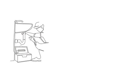 Poster - Animated self drawing of continuous line draw plumber worker repairs sink in bathroom, plumbing pipes. Handywoman makes house repair works. Home repair, maintenance. Full length single line animation