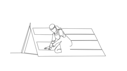 Poster - animated self drawing of continuous one line draw roofer installing wooden. roofer fixing house roof