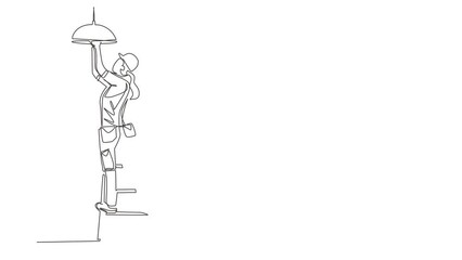 Poster - animated self drawing of continuous line draw worker electrician on ladder change light bulb. profes