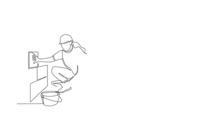 Poster - Self drawing animation of single line draw repair worker laying ceramic wall tile. Professional in uniform working. Repairwoman in overalls tiling at home. Continuous line draw. Full length animated