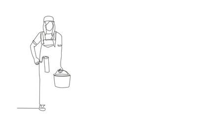 Poster - Animated self drawing of continuous line draw woman holds roller with paint, bucket of paint, home repairs, painting walls in house, apartment, professional painter. Full length single line animation