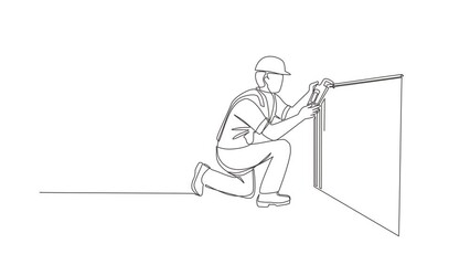Poster - animated self drawing of continuous line draw plumber repair, installation of batteries. repairman f