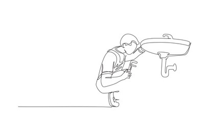 Poster - Animated self drawing of continuous line draw plumber repairs sink in bathroom plumbing pipes. Handyman makes repair works. Home repair maintenance services concept. Full length single line animation
