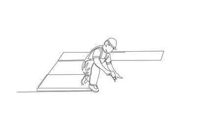 Poster - animated self drawing of continuous line draw roofer installing wooden or bitumen shingle. roofer ma