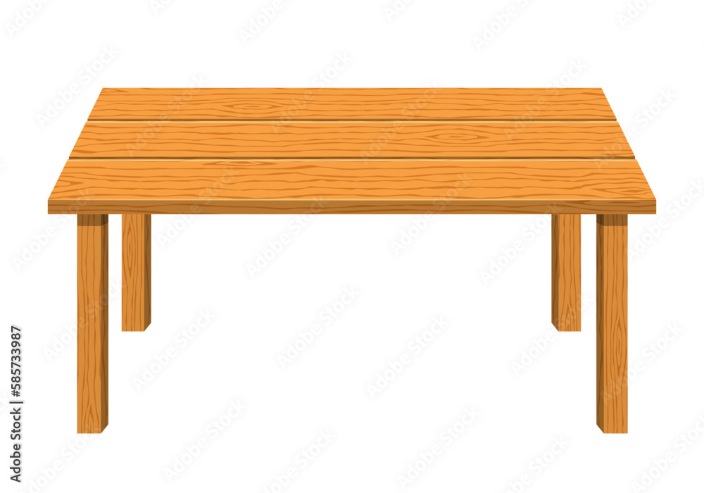 Empty wooden rectangular shaped table isolated on white background. Brown dining table icon. Furniture for house. Vector illustration