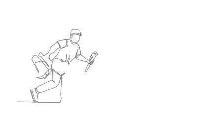 Poster - animated self drawing of continuous line draw mechanic repairman worker with tools is running. techn