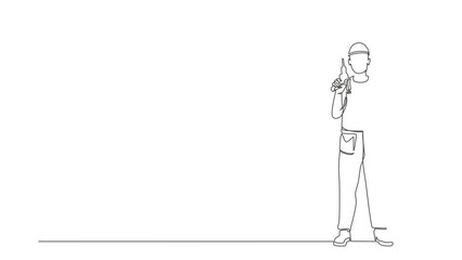 Poster - animated self drawing of continuous line draw man worker holding electric drill tool for repair. bui