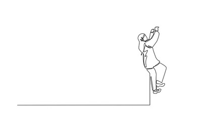 Poster - Animated self drawing of continuous line draw Arab businesswoman climb obstacle wall, solve problem. Business concept, team metaphor. Successful leader businesswoman. Full length one line animation