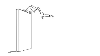 Poster - Self drawing animation of single line draw Arabic businesswoman jumping over brick wall with over head style to achieve goal. Jumping over wall of barriers. Continuous line draw. Full length animated