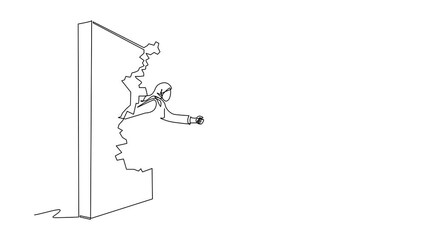 Poster - Self drawing animation of single line draw Arabic businesswoman run, breaking through brick wall. Leadership concept. Business concept of obstacle solution. Continuous line draw. Full length animated