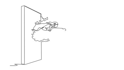 Poster - Animated self drawing of single continuous line draw super Arab businesswoman punches breaks wall. Flying breaks wall. Business power, success and overcome difficulties. Full length one line animation
