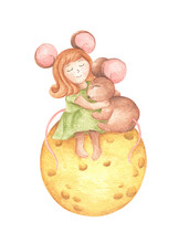 Cute Girl Mouse Hug A Little Mouse Sitting On The Cheese Moon. Watercolor Hand Draw Illustration.