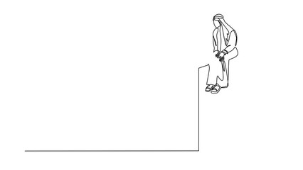 Sticker - Animated self drawing of continuous line draw Arab businessman sad sitting on wall thinking of profit loss, crisis financial losses in market. Evaluation business. Full length single line animation