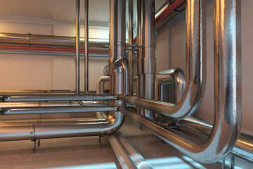 Poster - industrial background. pipe room. pipeline in manufactory. factory with steel pipes. heating equipme