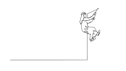 Poster - Animated self drawing of continuous one line draw business determination with Arabian businessman climbing over wall with rope. Ambition, motivation, career growth. Full length single line animation