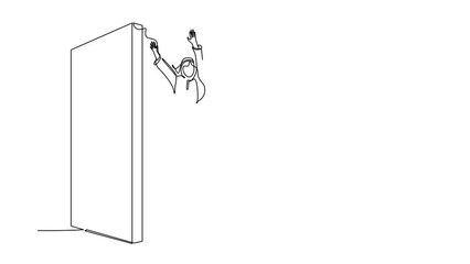 Poster - Animated self drawing of continuous line draw Arab businessman managed to jump over wall. Man jumps over wall, outside comfort zone to get experience, fun, excited. Full length single line animation