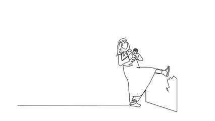 Poster - Animated self drawing of continuous line draw businessman doing kungfu kick to destroy brick wall. Business concept of obstacle solution. Obstruction ruined with force. Full length one line animation