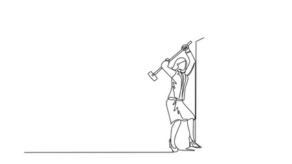 Poster - Animated self drawing of continuous line draw businesswoman breaks hitting wall with hammer. Achievement way for success. Breakthrough to goal. Leadership in business. Full length one line animation