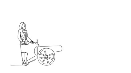 Poster - Animated self drawing of continuous line draw businesswoman ignites cannon in front of wall want to destroy. Starting business company by destroying obstacles to goal. Full length one line animation