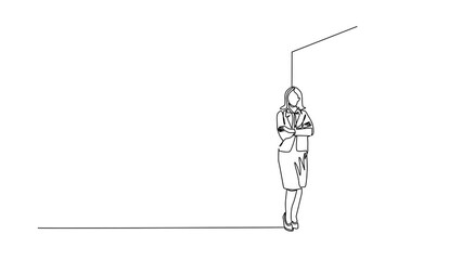 Wall Mural - Animated self drawing of continuous line draw young businesswoman standing and lean against wall, thinking something about new business company. Full length or body. Full length single line animation