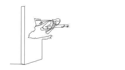 Poster - Self drawing animation of single line draw super businesswoman punches breaks wall. Flying breaks wall. Business concept, success and overcome difficulties. Continuous line draw. Full length animated