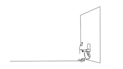 Poster - Animated self drawing of continuous line draw upset businesswoman sitting on floor, lean against wall. Business concept in sad, bankruptcy or negative expression. Full length single line animation