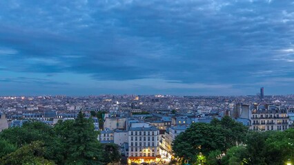 Poster - Beautiful Paris cityscape panorama day to night transition timelapse seen from Montmartre. Top aerial view from viewpoint with park. Paris, France