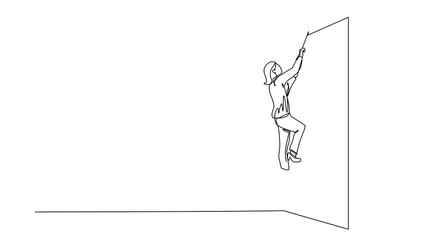 Poster - Self drawing animation of single line draw business determination concept with businesswoman climbing over wall with rope. Ambition, motivation success, strength. Continuous line. Full length animated