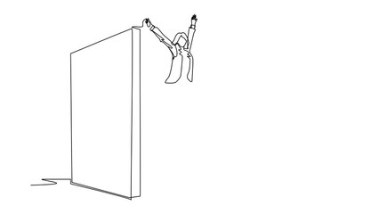 Poster - Animated self drawing of continuous line draw businesswoman managed to jump over wall. Woman jumps over wall, outside comfort zone to get new experience, fun excited. Full length single line animation