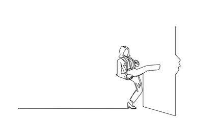 Poster - Animated self drawing of continuous line draw businesswoman doing kung fu kick to destroy brick wall. Business concept of obstacle. Obstruction ruined with force. Full length one line animation