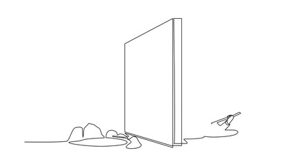 Poster - Self drawing animation of single one line draw businessman digging tunnel under wall on border to success. Starting new business company to reach goal. Continuous line draw. Full length animated