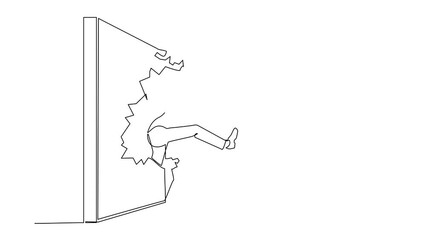 Poster - Animated self drawing of single continuous line draw businessman run and breaking through brick wall. Leadership concept. Business concept of obstacle and solution. Full length one line animation