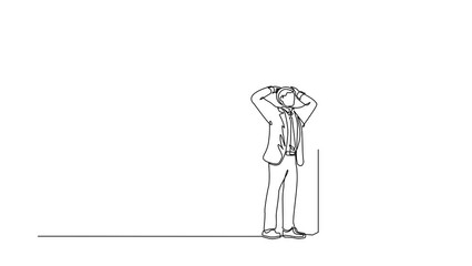 Poster - animated self drawing of continuous line draw businessman standing confused in front of huge brick w