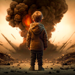 AI generated illustration. A children from behind watching an explosion in the war