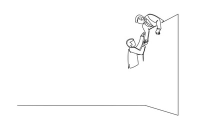 Wall Mural - Animated self drawing of continuous one line draw businessman helping another climb wall. Successful leading businessman helping another one to get over brick wall. Full length single line animation