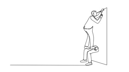Poster - Self drawing animation of single line draw businessman helping to lift another businessman over brick wall. Help, assistance team concept. Business metaphor. Continuous line draw. Full length animated