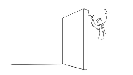 Poster - Animated self drawing of continuous line draw businessman managed to jump over wall. Man jumps over wall, outside comfort zone to get new experience, fun and excited. Full length one line animation
