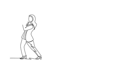 Poster - Animated self drawing of continuous line draw Arabian businesswoman trying hard pulling rope to drag something from hole, metaphor to facing problem. Business struggles. Full length one line animation