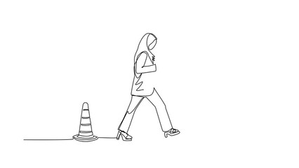 Poster - Self drawing animation of single line draw Arabic character going on street watching by smart phone, did not see open manhole. Woman walks to business trap. Continuous line draw. Full length animated