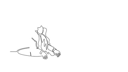 Poster - Animated self drawing of continuous line draw Arabian businessman trying to get out of from hole, metaphor to facing problem. Business struggles. Strength for success. Full length one line animation