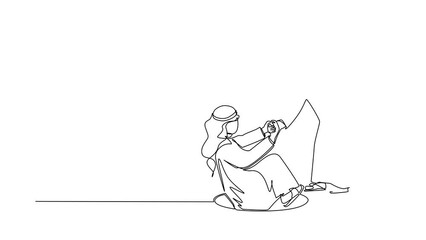 Wall Mural - Animated self drawing of continuous line draw Arabian businessman helping his friend by take him out from hole. Two men one of whom helps another. Business struggles. Full length single line animation