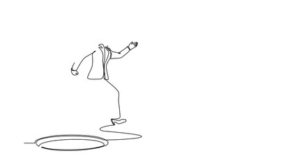 Poster - Animated self drawing of single continuous line draw businesswoman jumping through the hole, metaphor to facing big problem. Business struggles. Strength for success. Full length one line animation