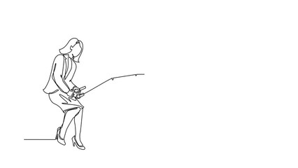 Poster - Animated self drawing of continuous line draw businesswoman holding fishing rod from hole. Woman fishing with rod. Business investment concept. Make money from idea. Full length one line animation