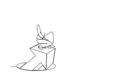 Poster - self drawing animation of single line draw businesswoman standing on arrows coming out of holes. wom